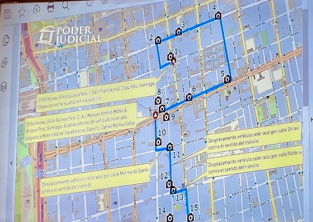 Circuito de los implicados en el caso del suboficial, captado por cámaras de Santiago. Fuente: Ministerio Público.